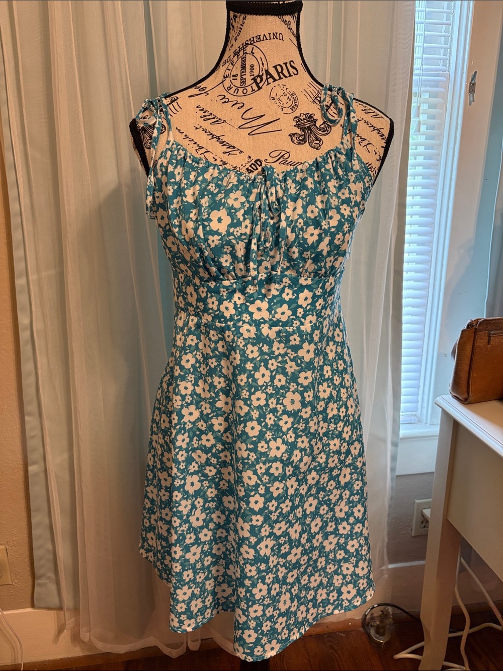 Floral Tie-Shoulder Sundress in Teal and White
